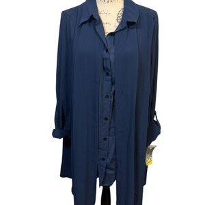 Valerie Stevens Blue Long Sleeve Button Down Polyester Shirt Size 2X NWT